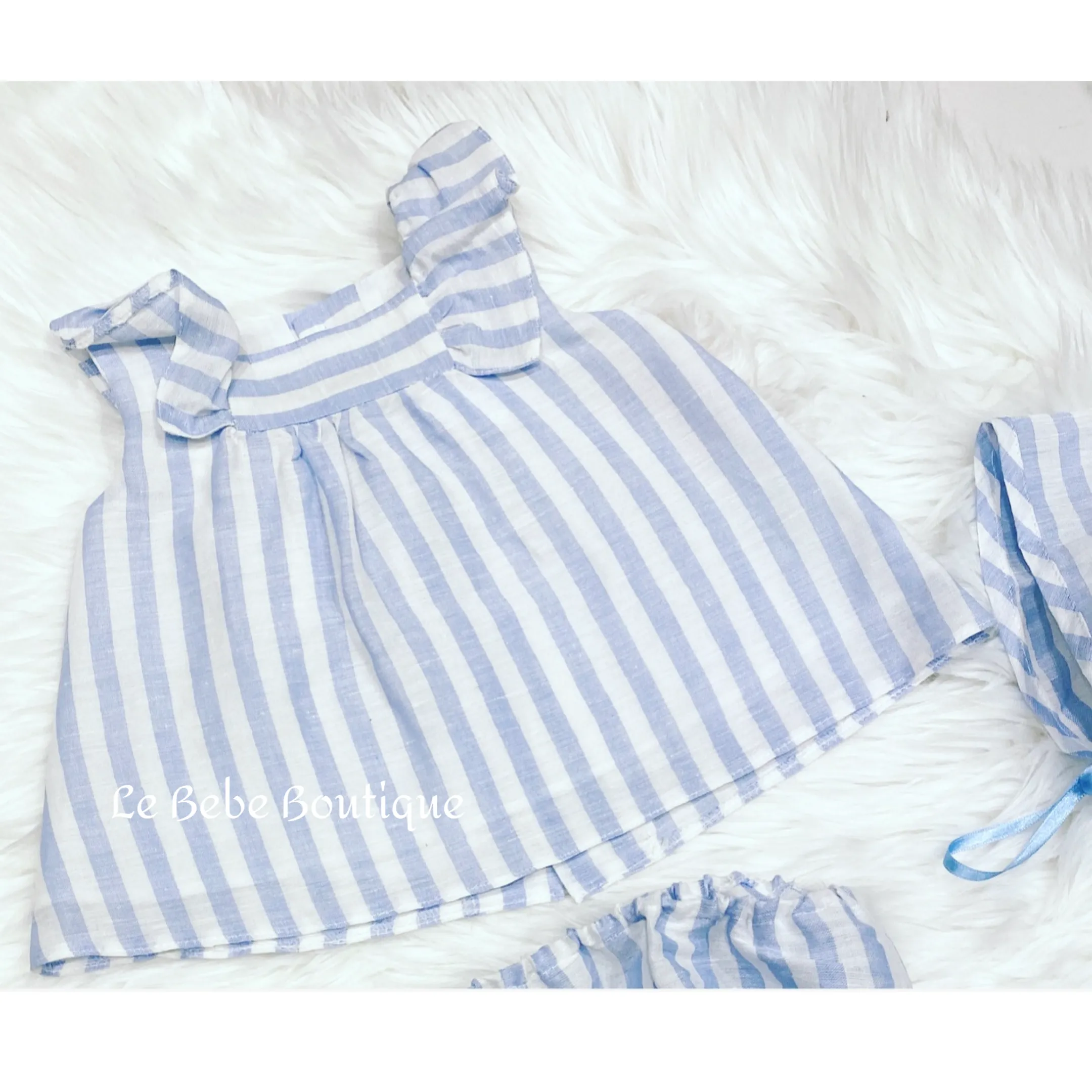 Blue & White Striped Jayla Dress, Pants & Bonnet Set