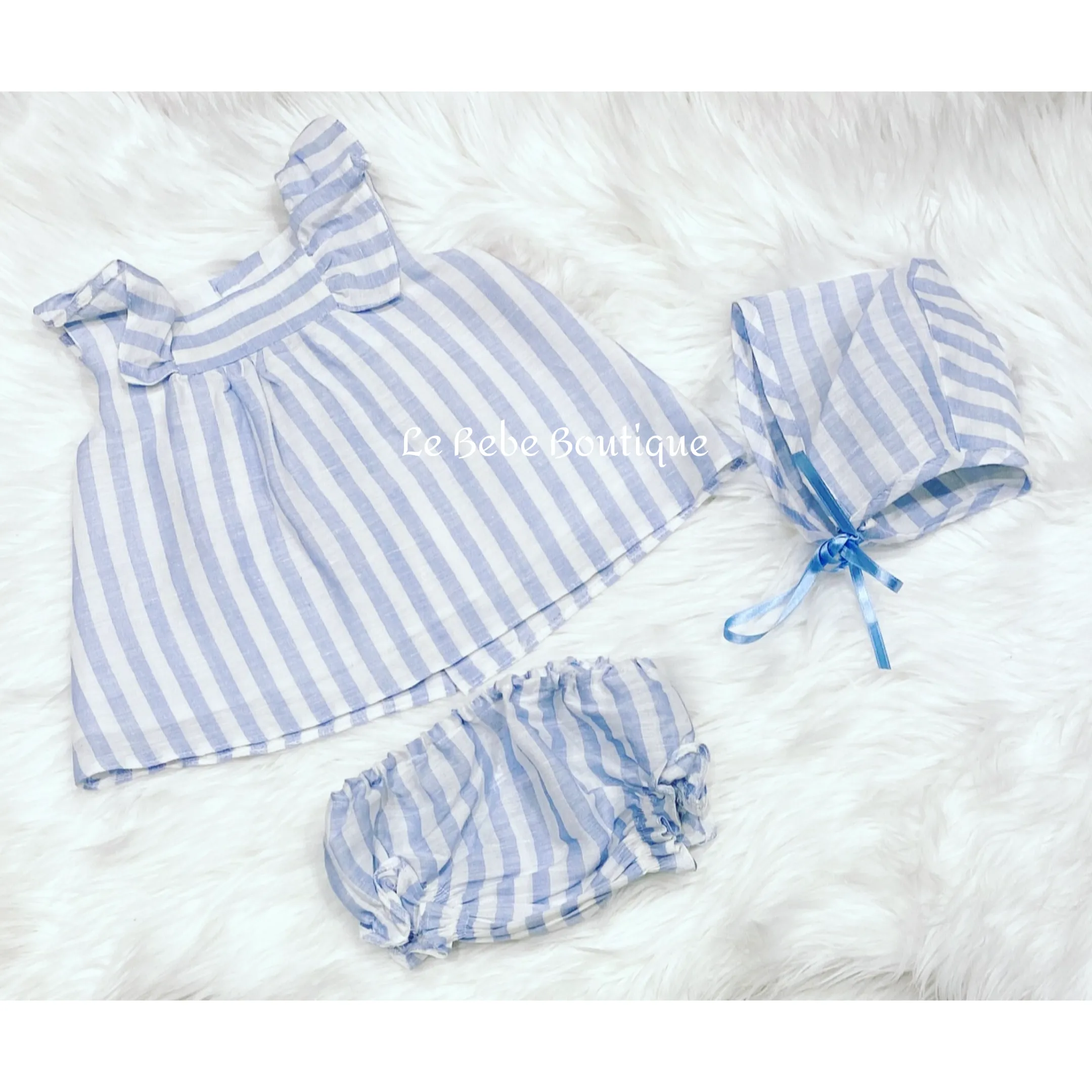 Blue & White Striped Jayla Dress, Pants & Bonnet Set