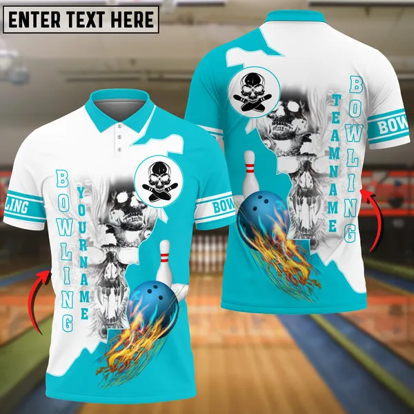 Blue Bowling Ball Flame Skull Pattern Premium Multicolor Option Customized Name 3D Shirt, Skull Shirt