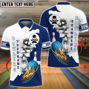 Blue Bowling Ball Flame Skull Pattern Premium Multicolor Option Customized Name 3D Shirt, Skull Shirt