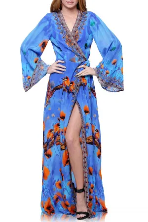 Blue Floral Bird Print Floor Length Wrap Dress