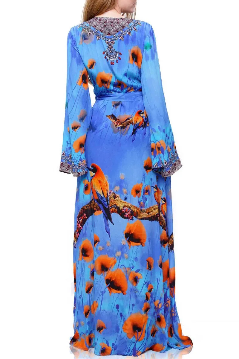 Blue Floral Bird Print Floor Length Wrap Dress
