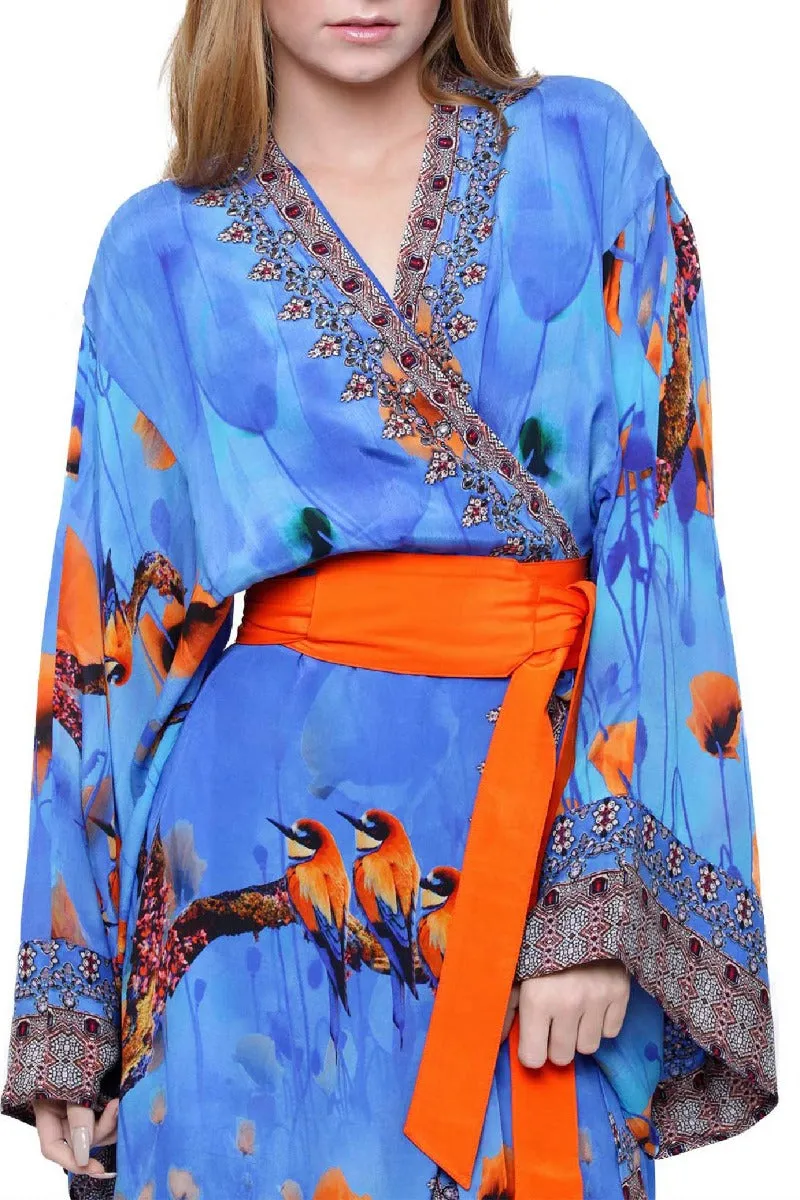 Blue Floral Bird Print Floor Length Wrap Dress