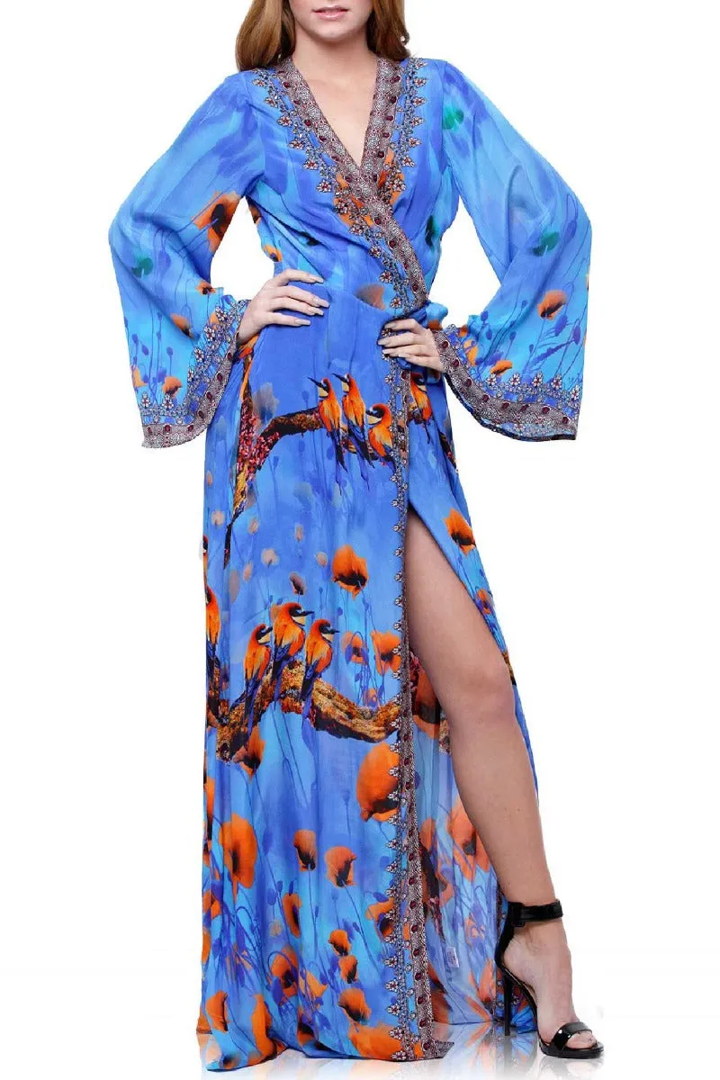 Blue Floral Bird Print Floor Length Wrap Dress