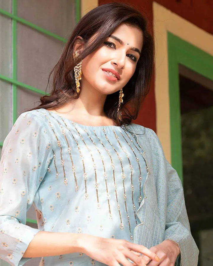 Blue Printed Chanderi Suit Set