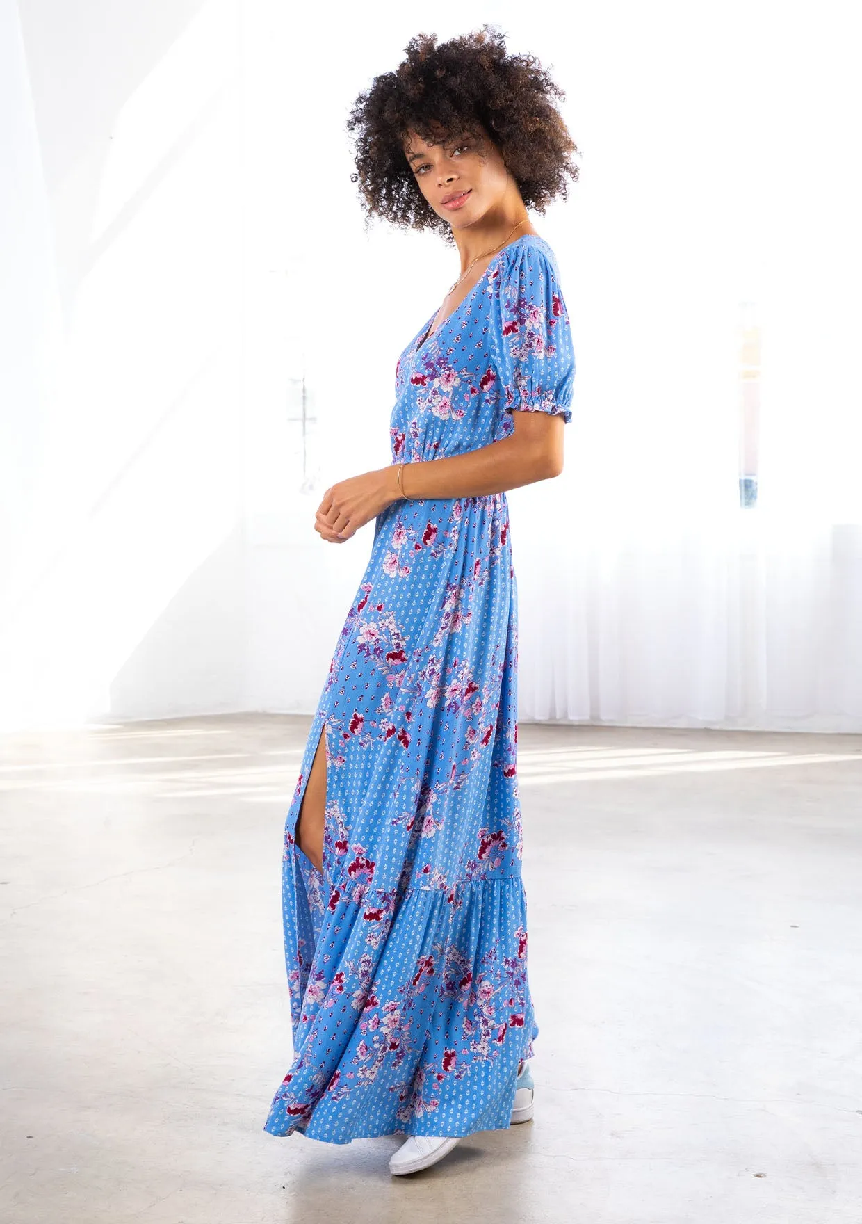 Bohemian Floral Print Short Sleeve Maxi Dress