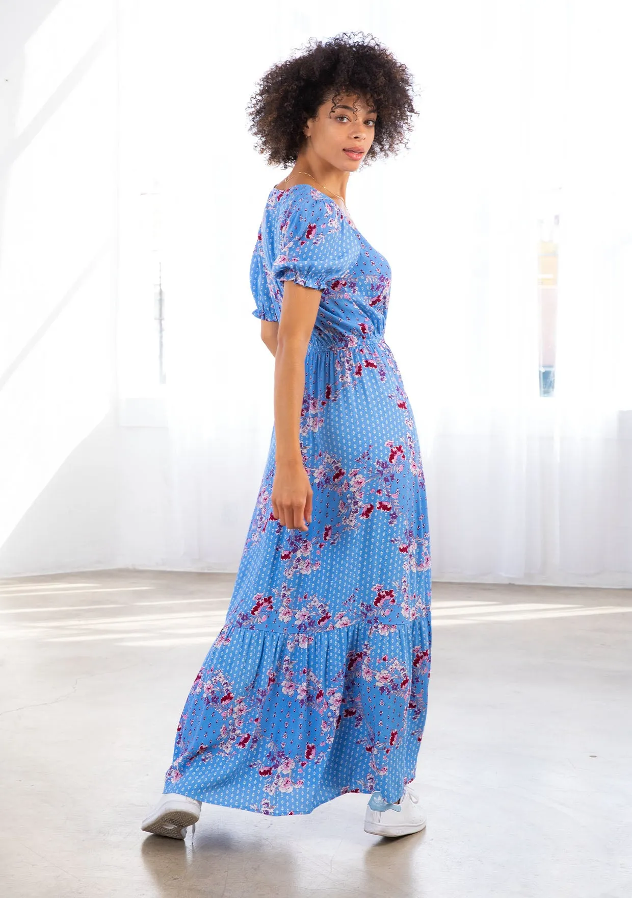 Bohemian Floral Print Short Sleeve Maxi Dress