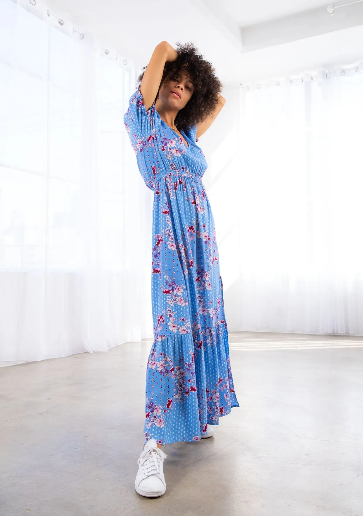 Bohemian Floral Print Short Sleeve Maxi Dress