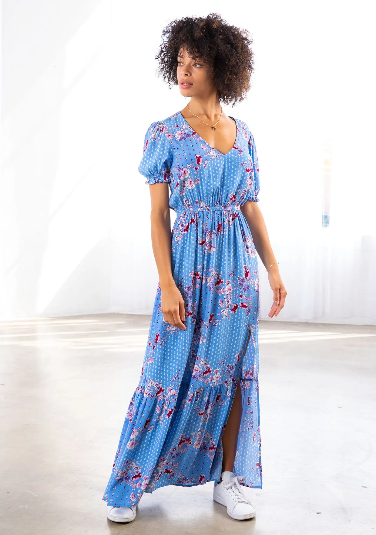Bohemian Floral Print Short Sleeve Maxi Dress