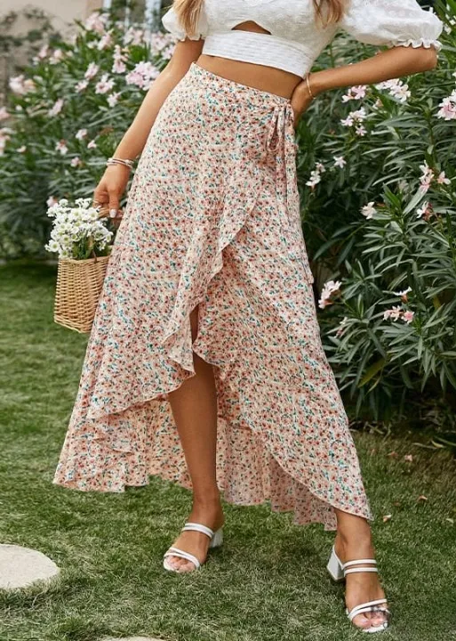 Boho Long Asymmetrical Wallet Skirt with floral pattern