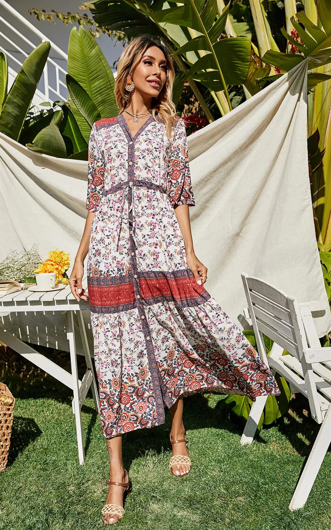 Boho Red Floral Button Down Summer Dresses In White