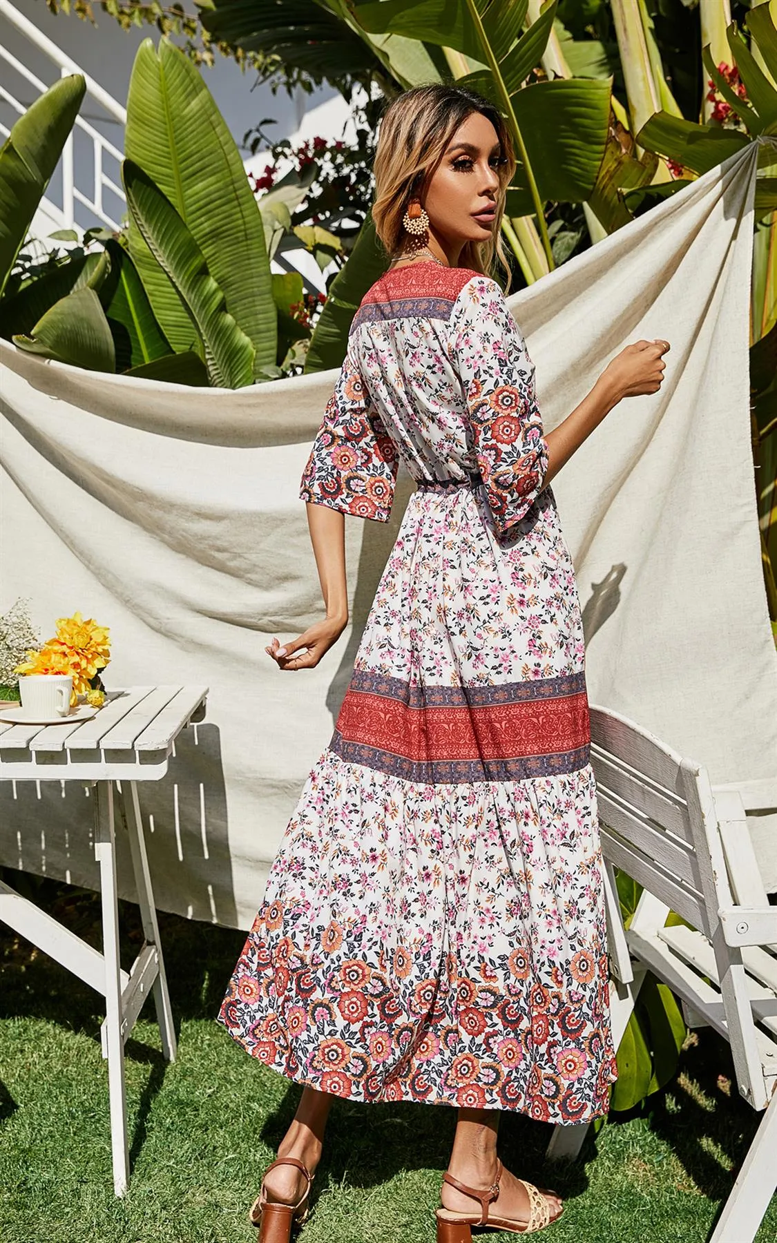 Boho Red Floral Button Down Summer Dresses In White