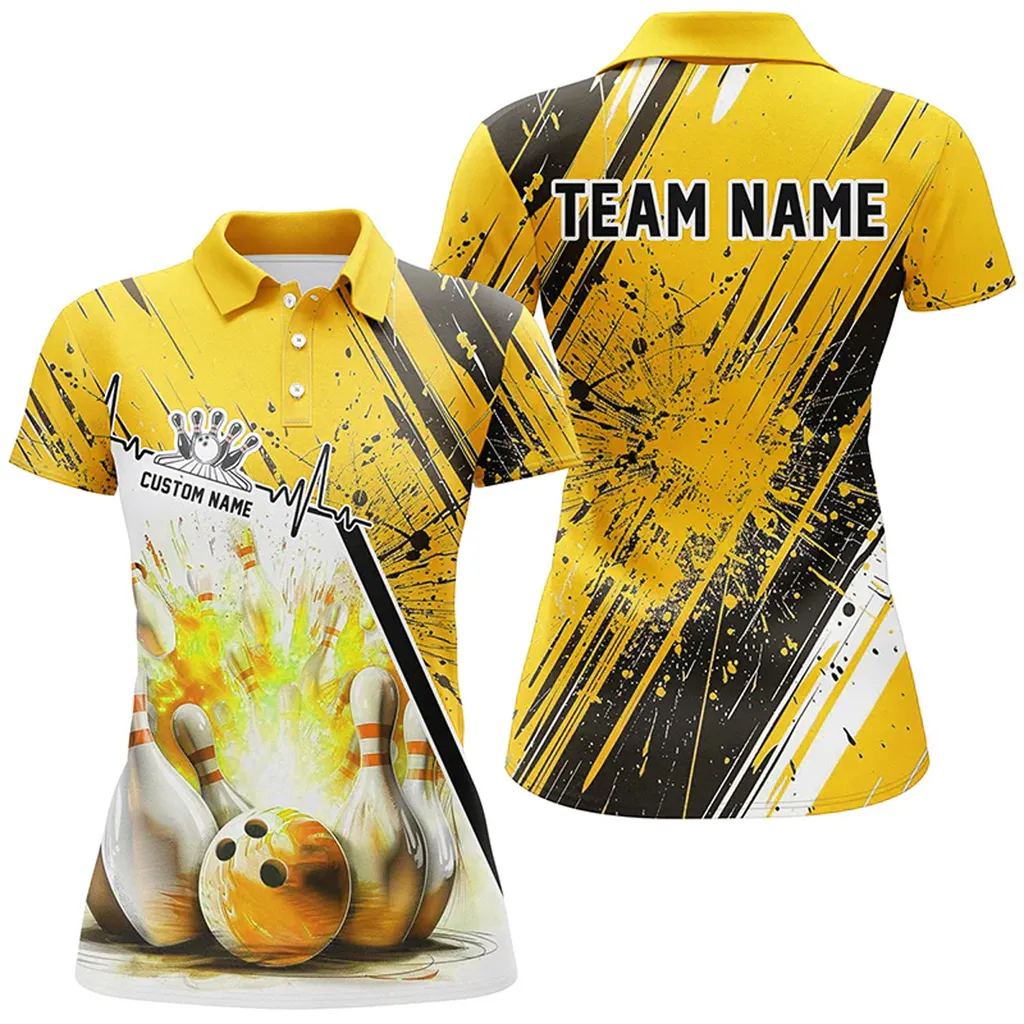 Bowling And Pins Strike Heartbeat Multicolor Option Customized Name 3D Polo Shirt For Women