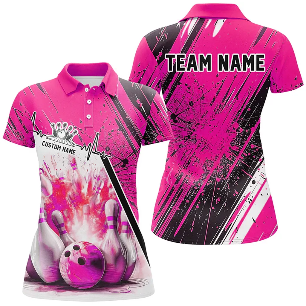 Bowling And Pins Strike Heartbeat Multicolor Option Customized Name 3D Polo Shirt For Women