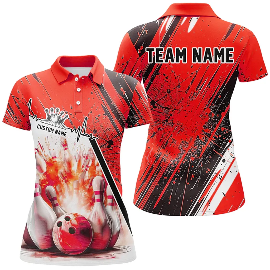 Bowling And Pins Strike Heartbeat Multicolor Option Customized Name 3D Polo Shirt For Women