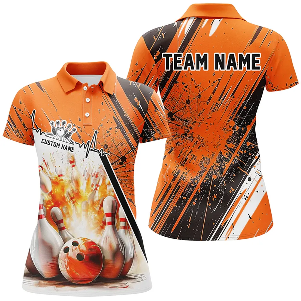 Bowling And Pins Strike Heartbeat Multicolor Option Customized Name 3D Polo Shirt For Women