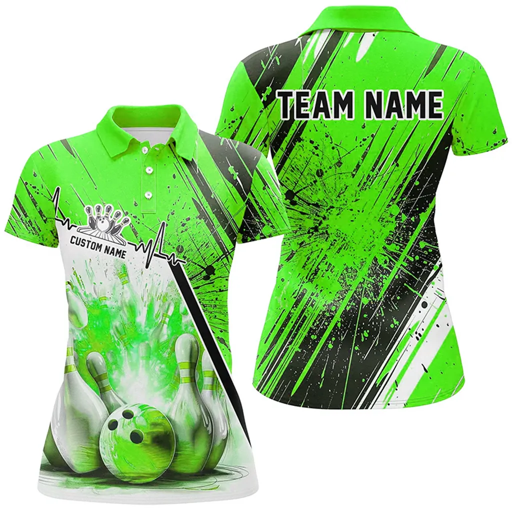 Bowling And Pins Strike Heartbeat Multicolor Option Customized Name 3D Polo Shirt For Women