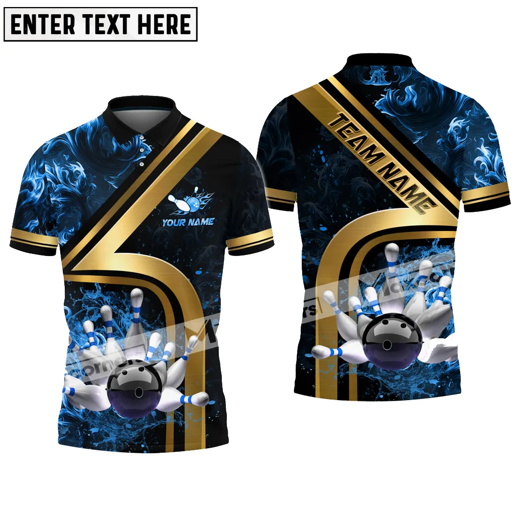 Bowling Ball & Pins Water And Flame Golden Multicolor Option Customized Name 3D Polo Shirt, Bowling Polo Shirt