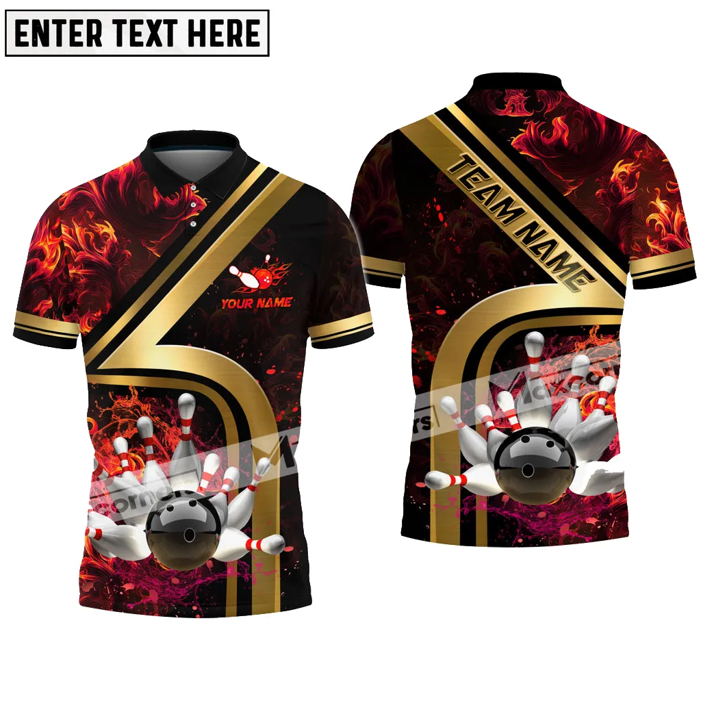 Bowling Ball & Pins Water And Flame Golden Multicolor Option Customized Name 3D Polo Shirt, Bowling Polo Shirt