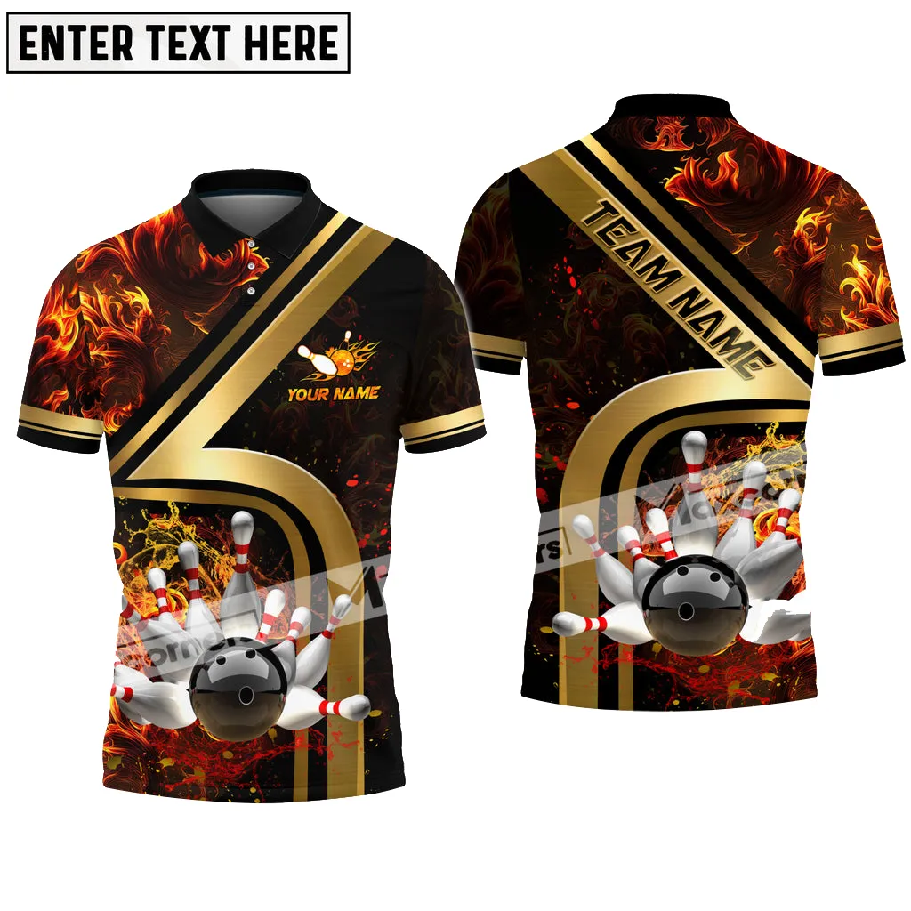 Bowling Ball & Pins Water And Flame Golden Multicolor Option Customized Name 3D Polo Shirt, Bowling Polo Shirt