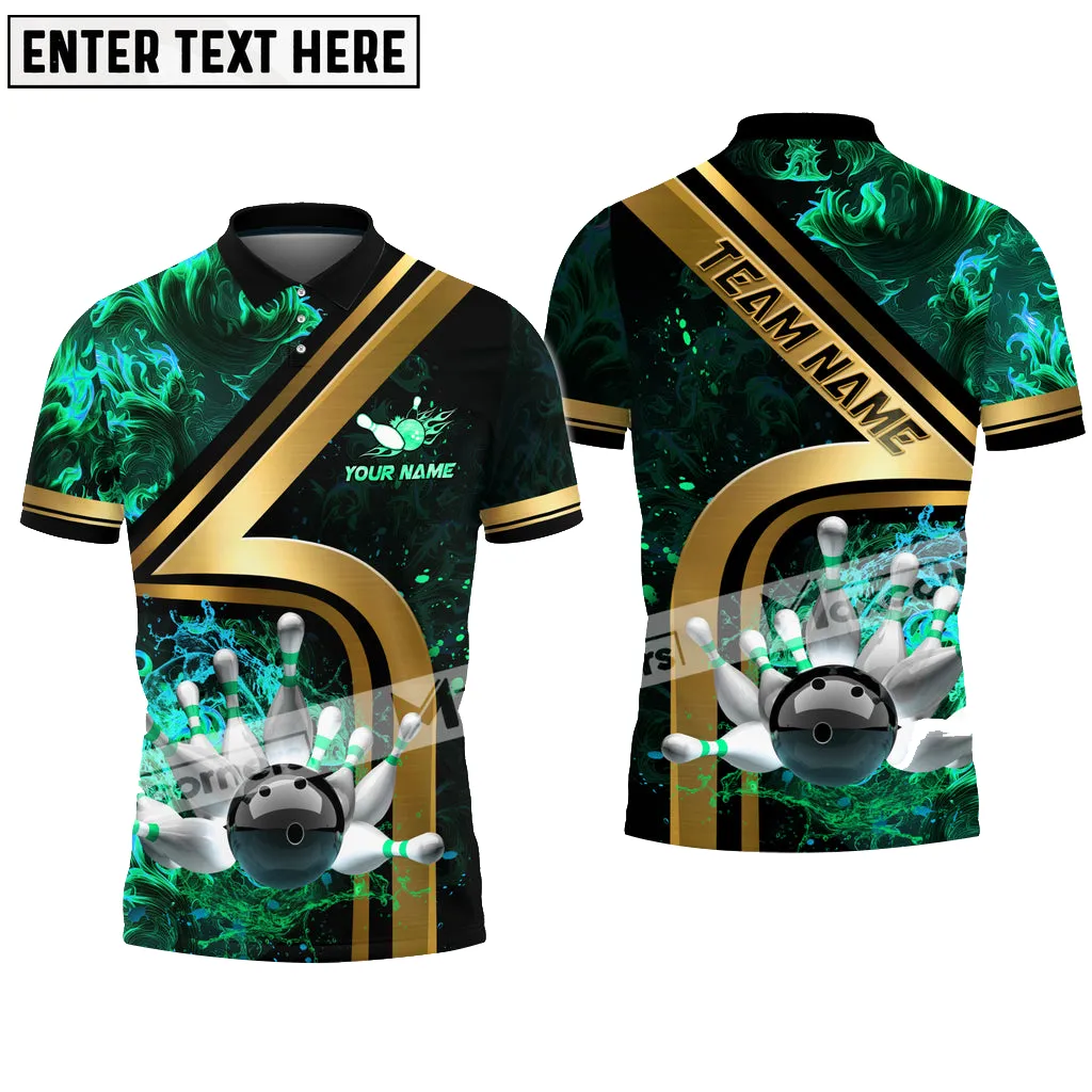Bowling Ball & Pins Water And Flame Golden Multicolor Option Customized Name 3D Polo Shirt, Bowling Polo Shirt