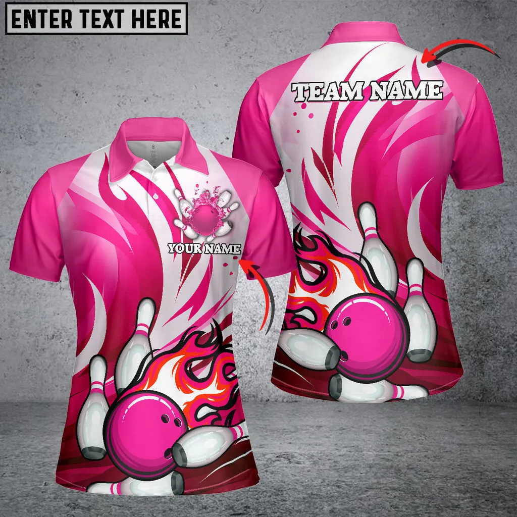Bowling Ball And Pins Animated Fire Multicolor Option Customized Name 3D Polo Shirt For Women