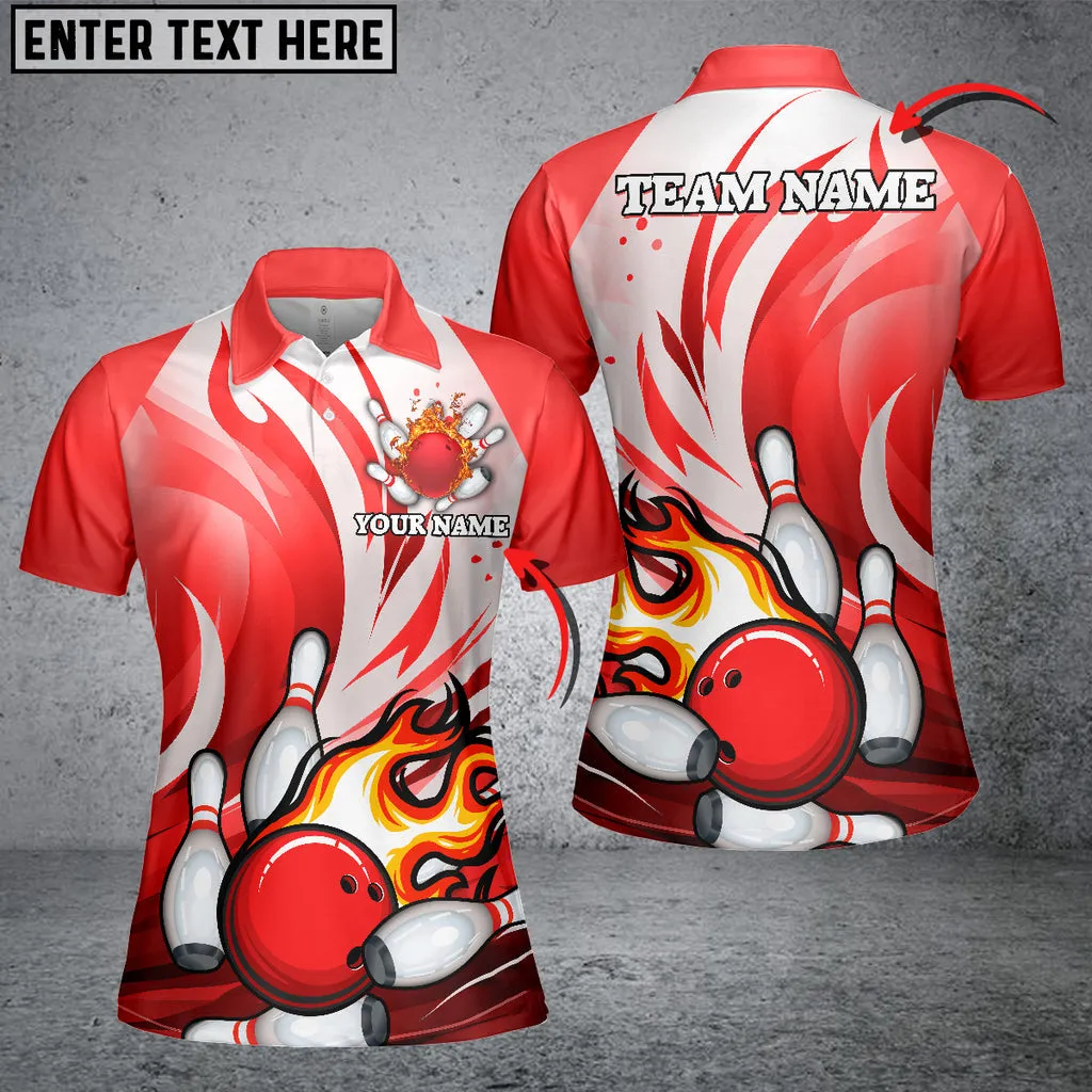 Bowling Ball And Pins Animated Fire Multicolor Option Customized Name 3D Polo Shirt For Women