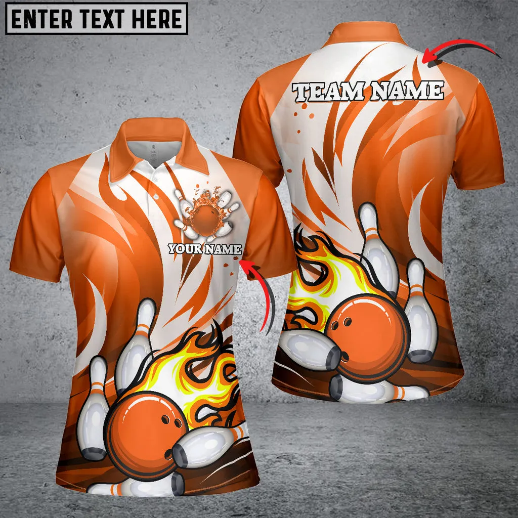Bowling Ball And Pins Animated Fire Multicolor Option Customized Name 3D Polo Shirt For Women