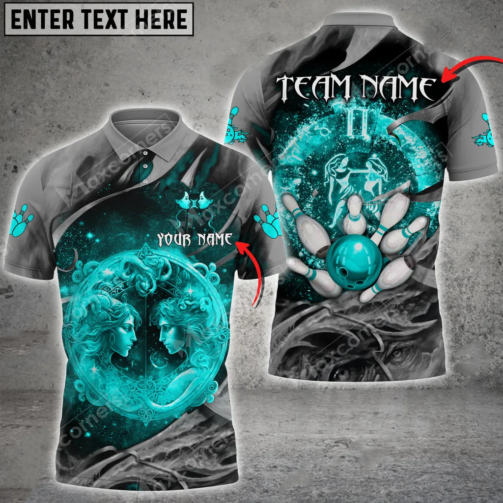 Bowling Ball And Pins Gemini Symbol Multicolor Option Customized Name 3D Polo Shirt