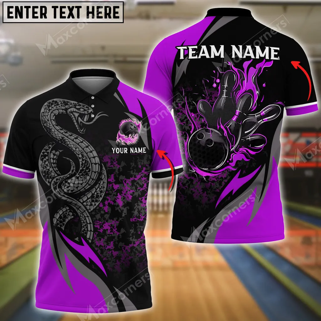 Bowling Ball And Pins Snake Multicolor Option Customized Name, Team Name 3D Polo Shirt, Gift for Bowler, Snake Polo Shirt