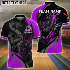 Bowling Ball And Pins Snake Multicolor Option Customized Name, Team Name 3D Polo Shirt, Gift for Bowler, Snake Polo Shirt