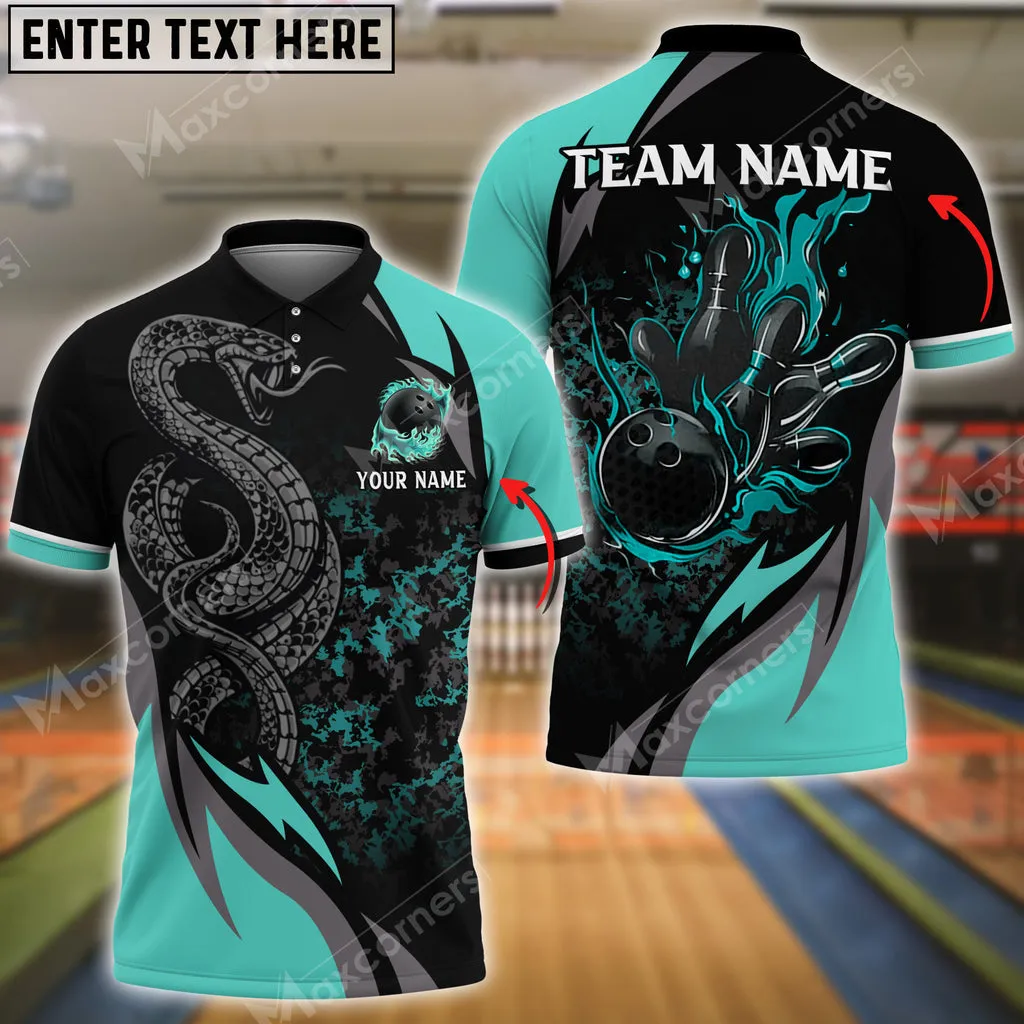 Bowling Ball And Pins Snake Multicolor Option Customized Name, Team Name 3D Polo Shirt, Gift for Bowler, Snake Polo Shirt