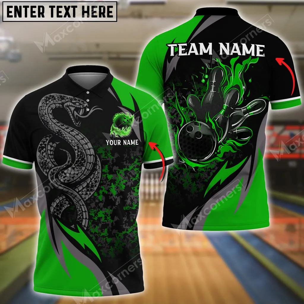 Bowling Ball And Pins Snake Multicolor Option Customized Name, Team Name 3D Polo Shirt, Gift for Bowler, Snake Polo Shirt