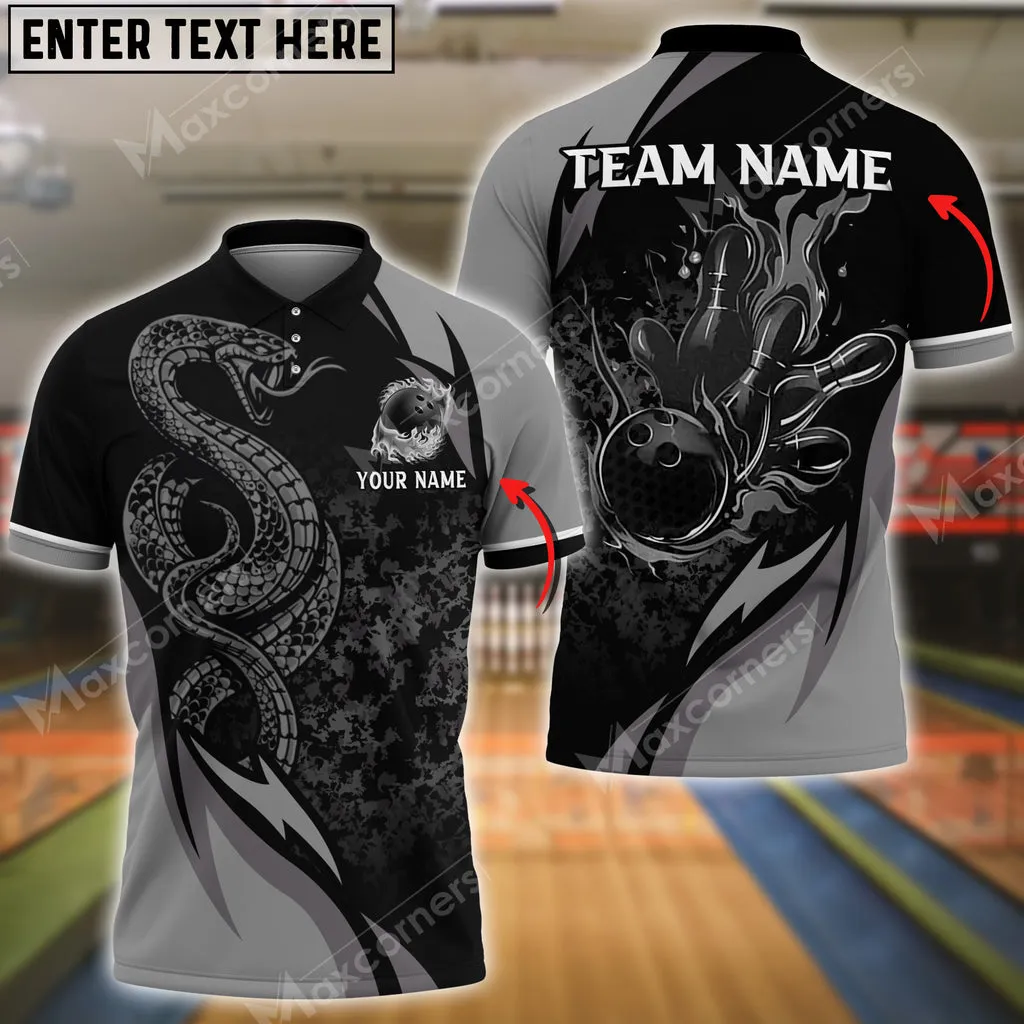 Bowling Ball And Pins Snake Multicolor Option Customized Name, Team Name 3D Polo Shirt, Gift for Bowler, Snake Polo Shirt