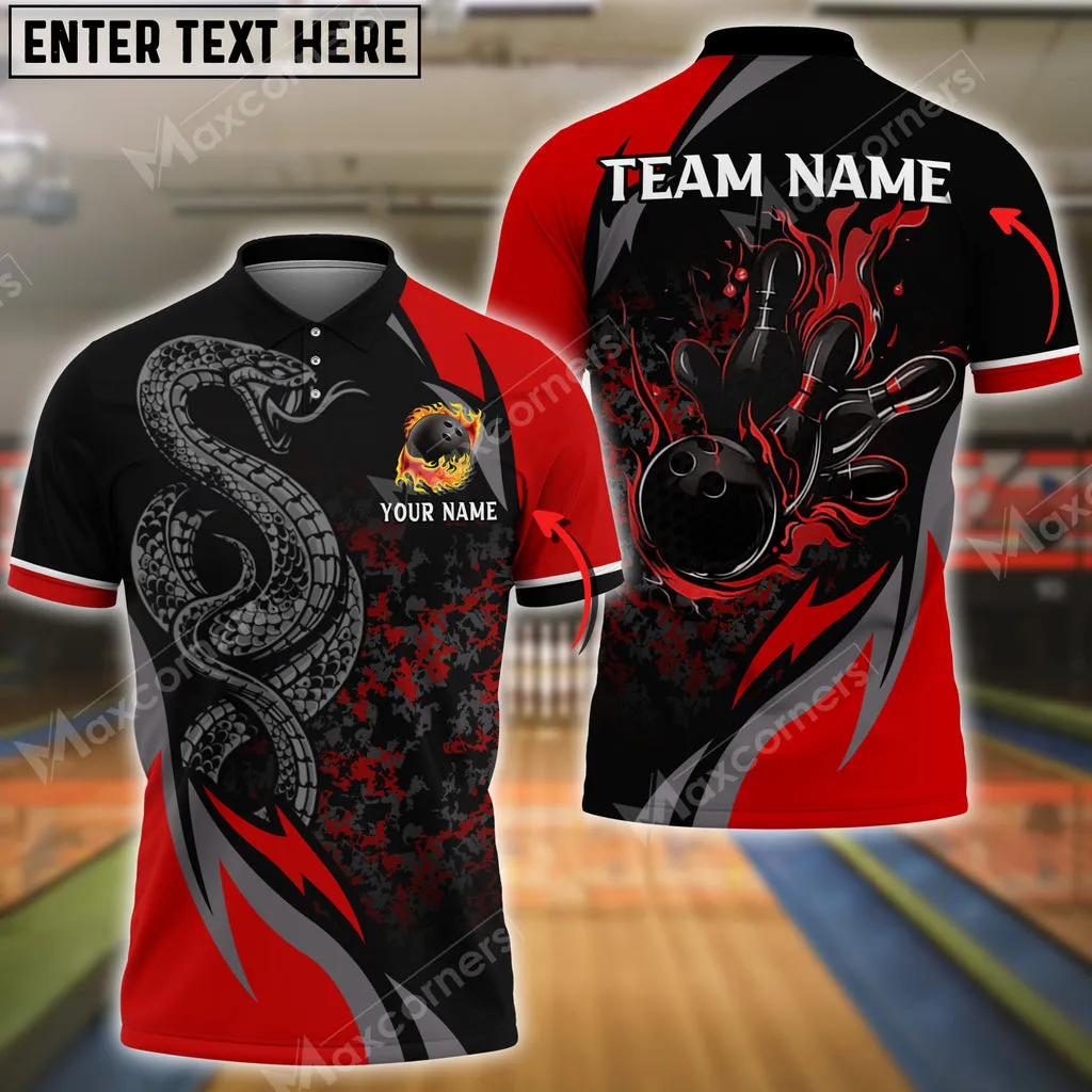 Bowling Ball And Pins Snake Multicolor Option Customized Name, Team Name 3D Polo Shirt, Gift for Bowler, Snake Polo Shirt