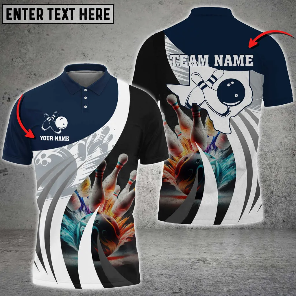 Bowling Ball And Pins Texas Map Multicolor Option Customized Name 3D Polo Shirt, Idea Gift for Bowler