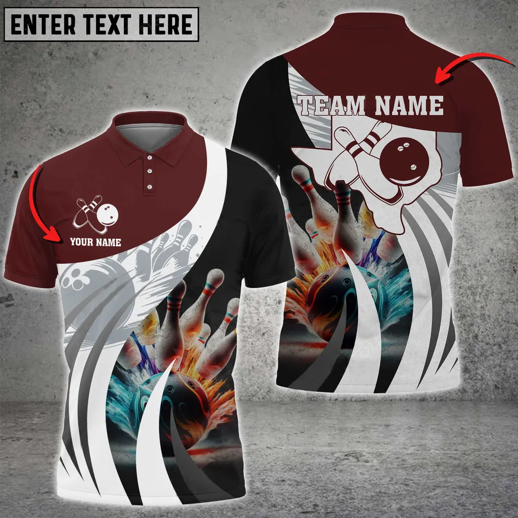 Bowling Ball And Pins Texas Map Multicolor Option Customized Name 3D Polo Shirt, Idea Gift for Bowler