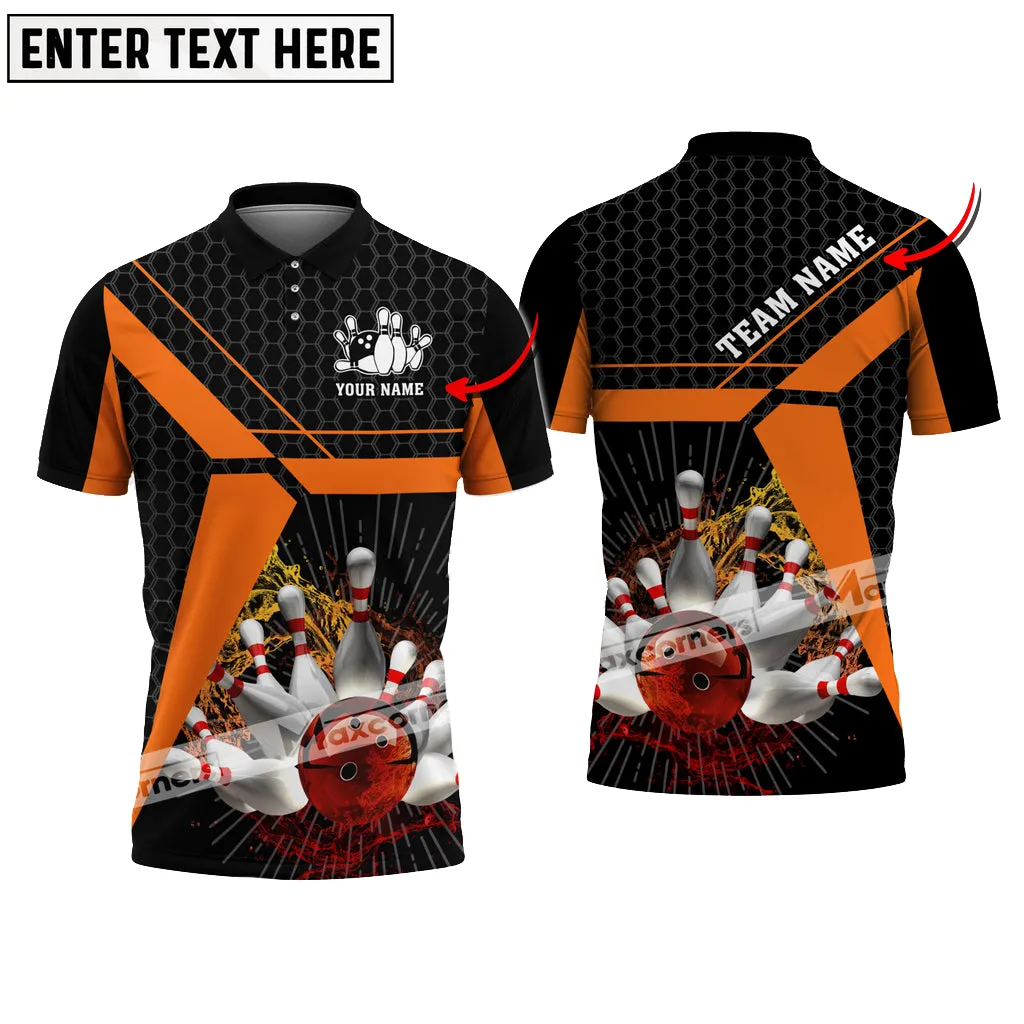 Bowling Ball and Pins Water Hexagon Pattern Pro Sport Jersey Multicolor Customized Name 3D Polo Shirt