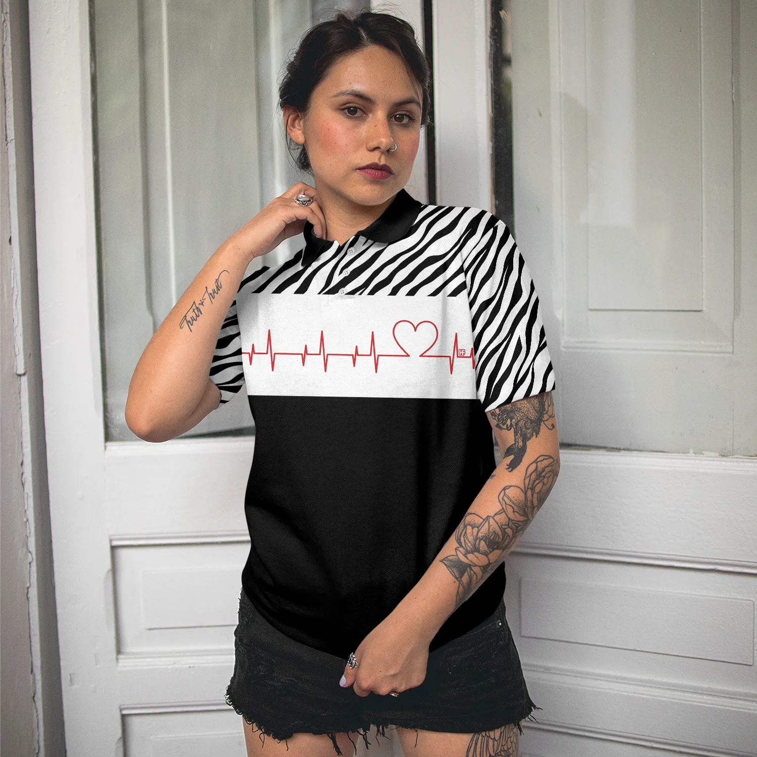 Bowling Heartbeat Zebra Pattern Short Sleeve Women Polo Shirt, Bowling Shirt For Ladies, Bowling Shirt Idea