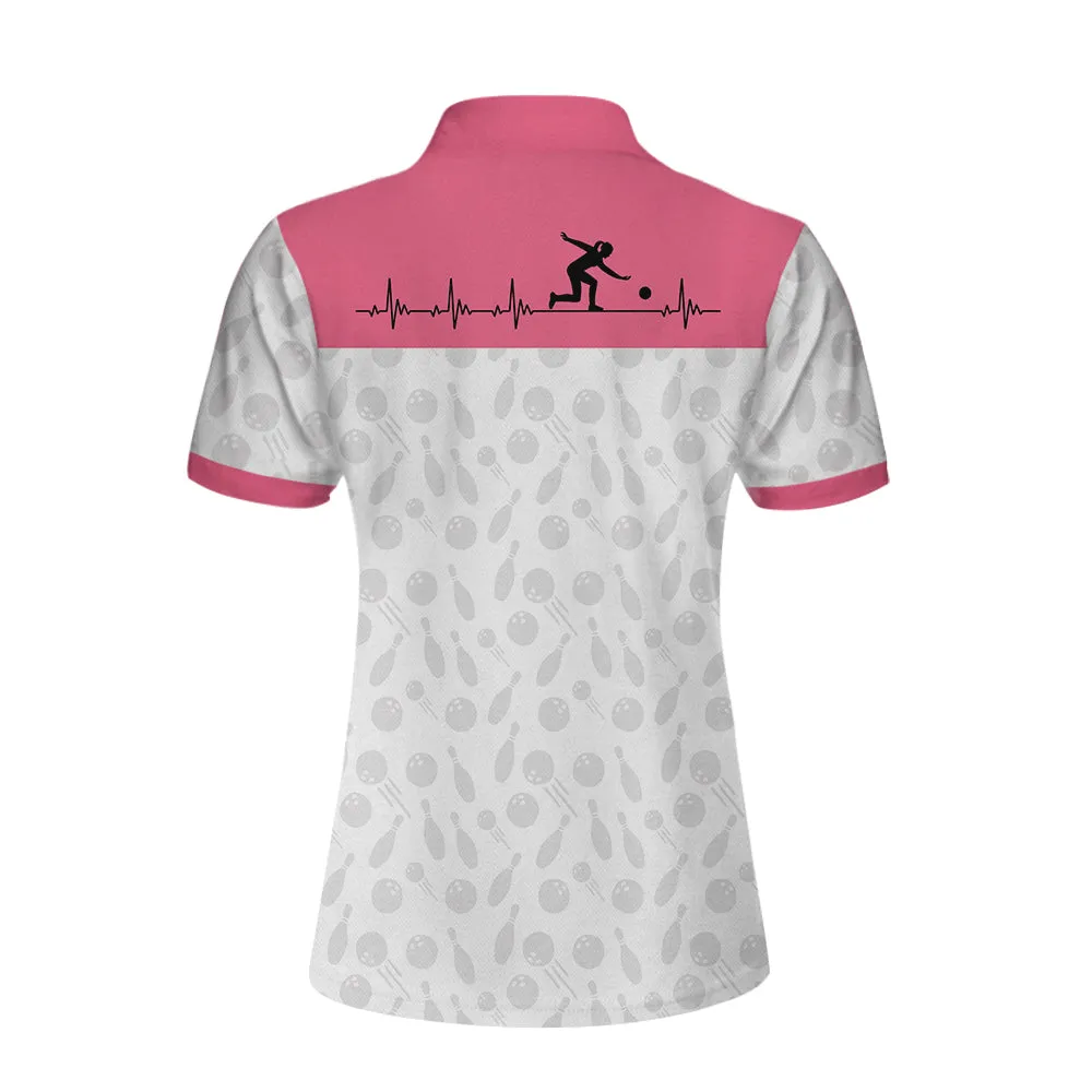Bowling Is My Heart Bowling Short Sleeve Women Polo Shirt, Bowling Balls And Pins Pattern Polo Shirt For Ladies