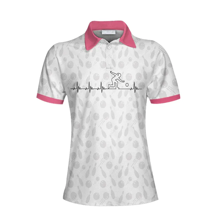 Bowling Is My Heart Bowling Short Sleeve Women Polo Shirt, Bowling Balls And Pins Pattern Polo Shirt For Ladies