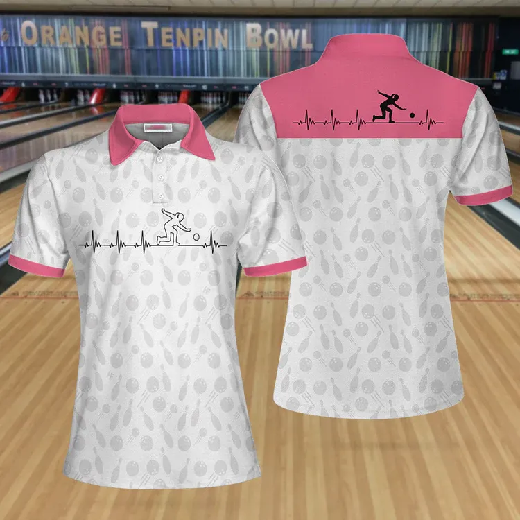 Bowling Is My Heart Bowling Short Sleeve Women Polo Shirt, Bowling Balls And Pins Pattern Polo Shirt For Ladies