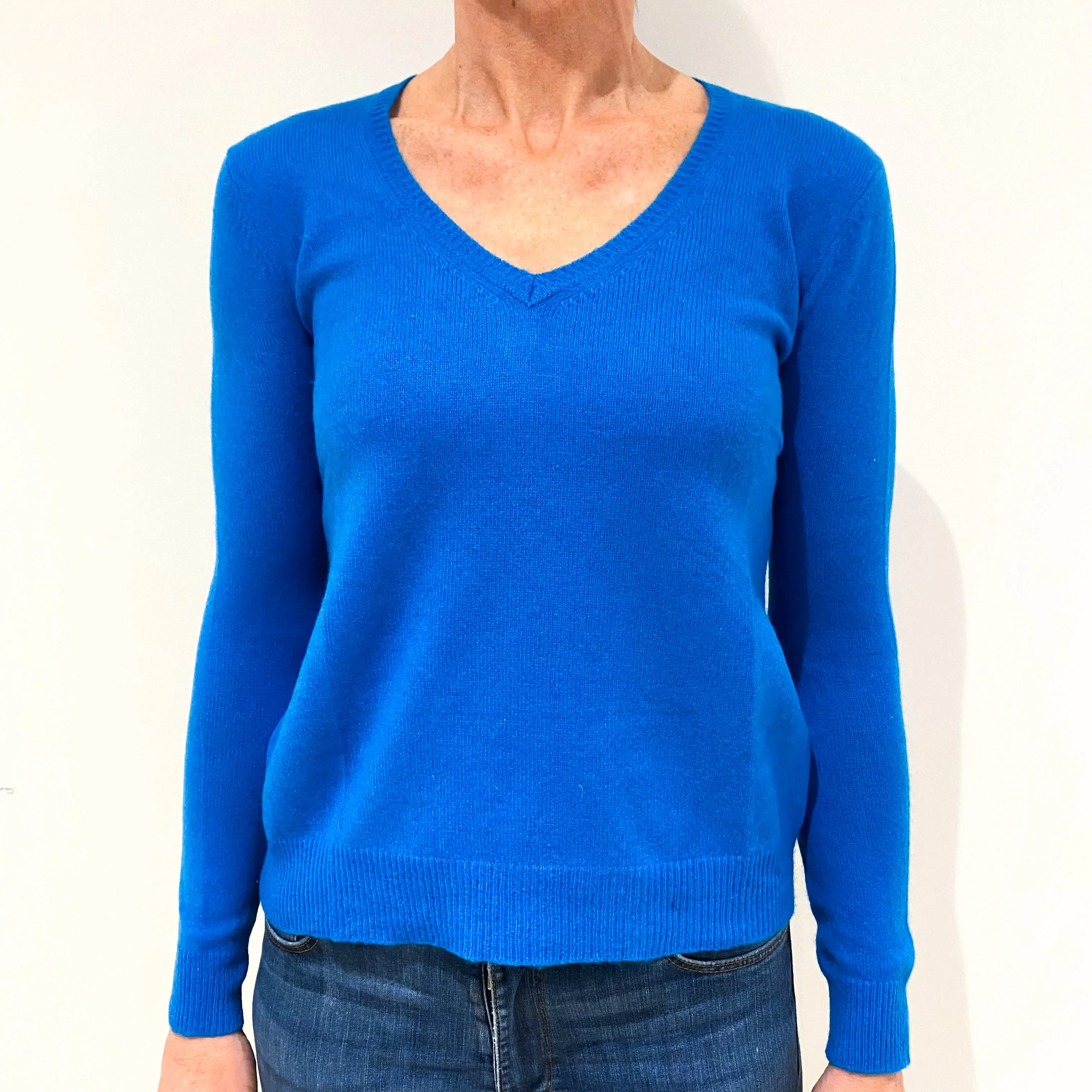 Bright Turquoise Blue Cashmere V-Neck Jumper Small Petite
