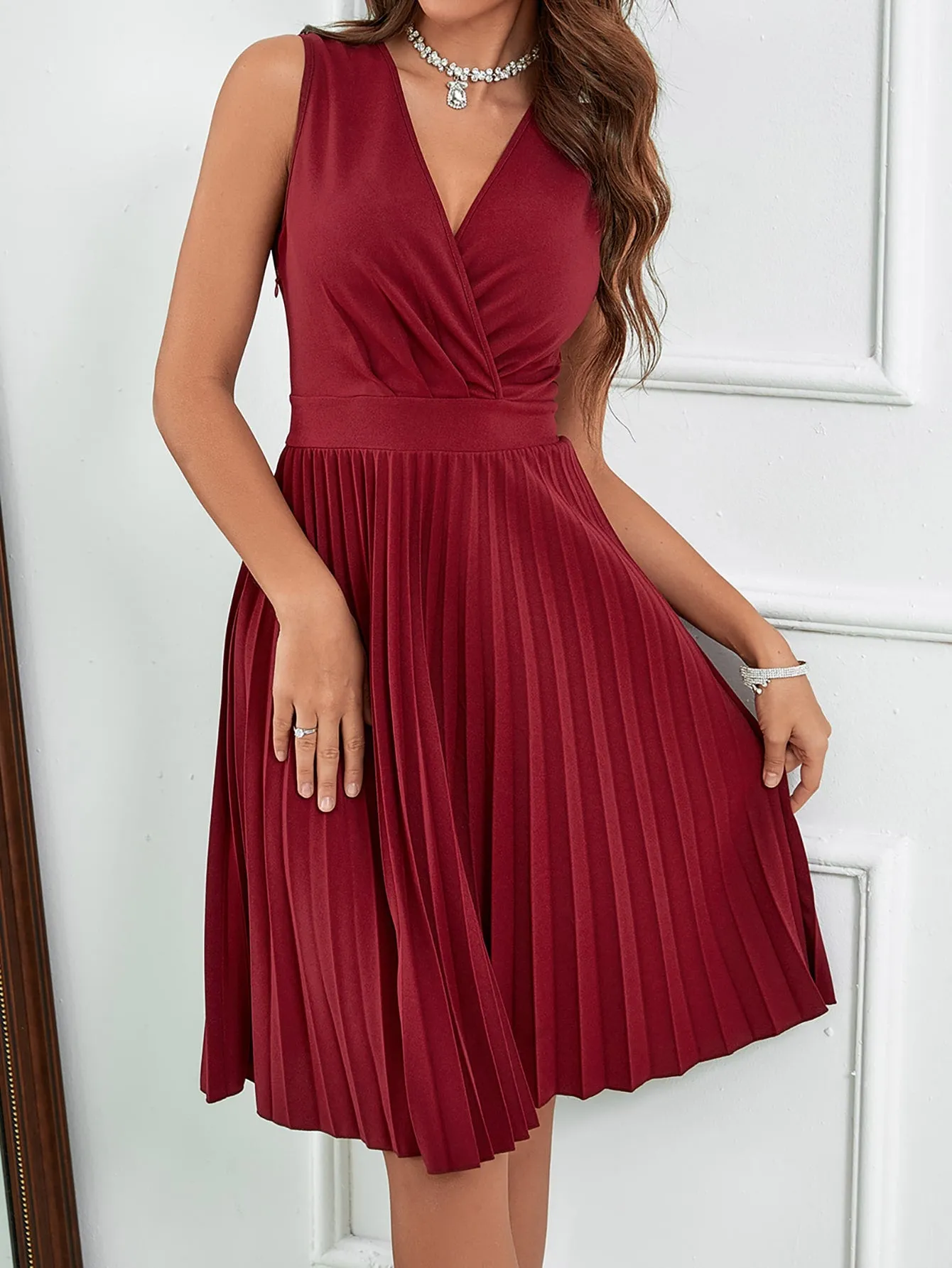 Burgundy A-Line Wrap Ruched Pleated Dress