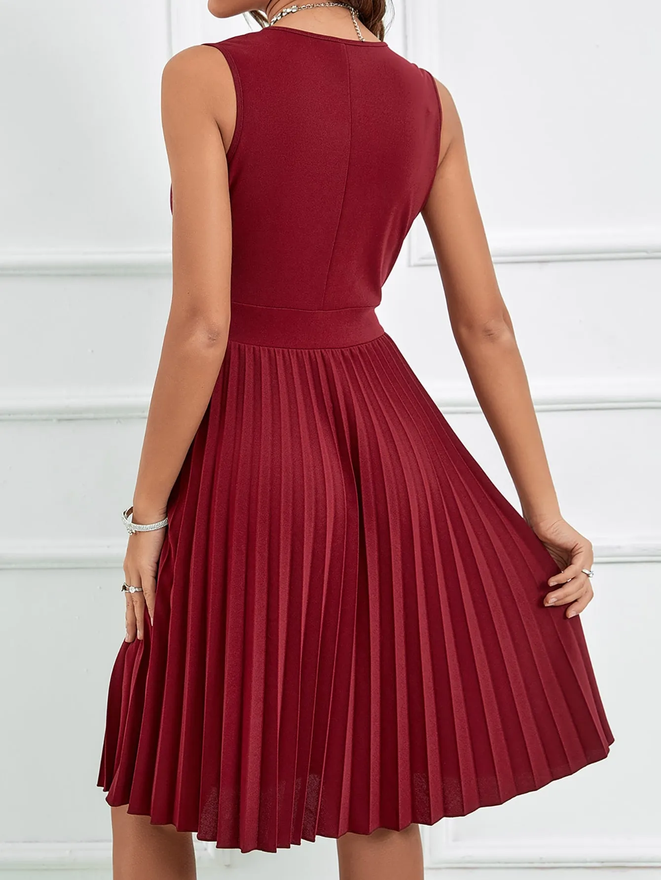 Burgundy A-Line Wrap Ruched Pleated Dress