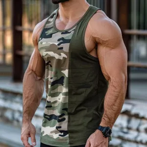 Casual Camo Patchwork Round Neck Slim Fit Tank Top