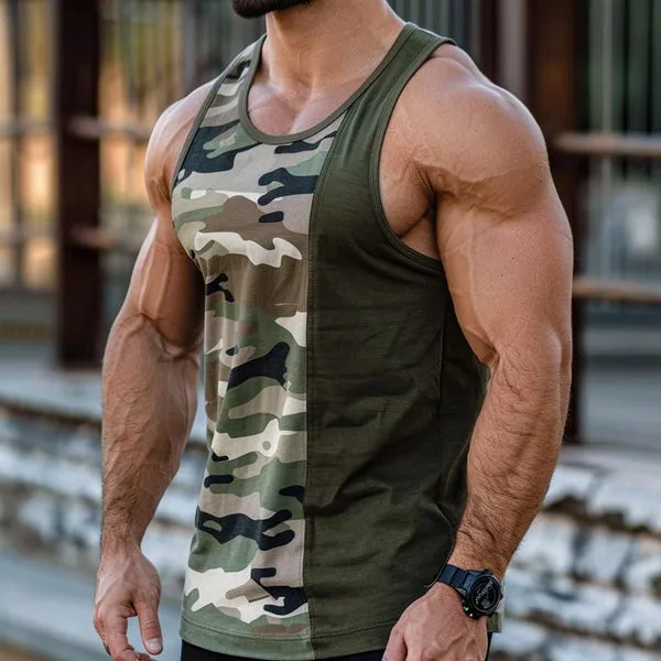 Casual Camo Patchwork Round Neck Slim Fit Tank Top