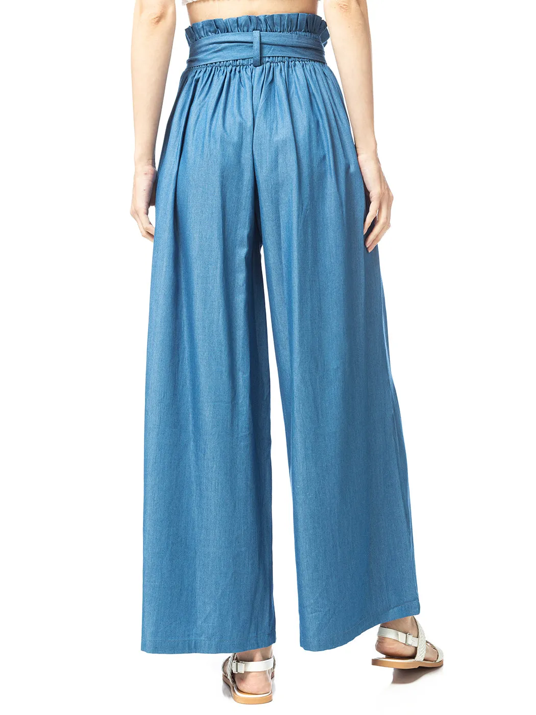Chambray Tie Wide-Leg Palazzo Jeans