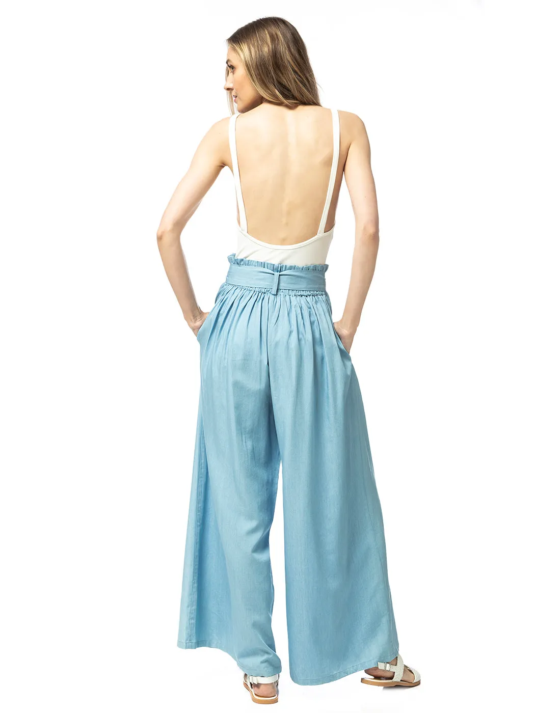 Chambray Tie Wide-Leg Palazzo Jeans