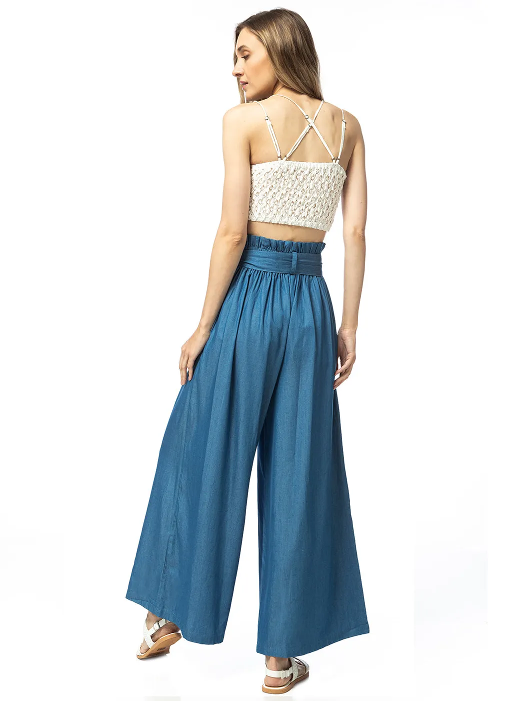 Chambray Tie Wide-Leg Palazzo Jeans